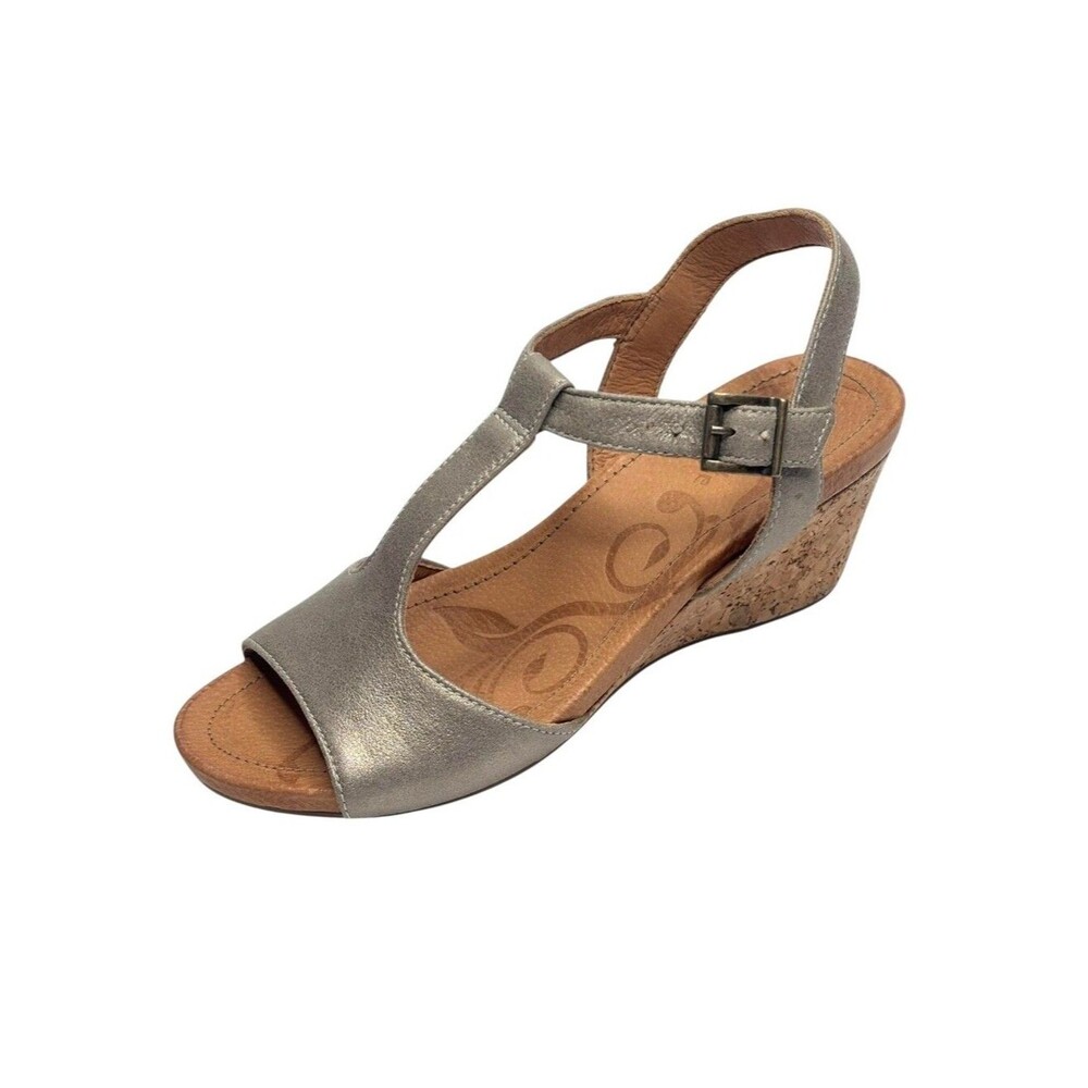 Nurture Cork Heel Shawen Wedge Sandals - Beige & Metallic Pewter - Size 9 Womens